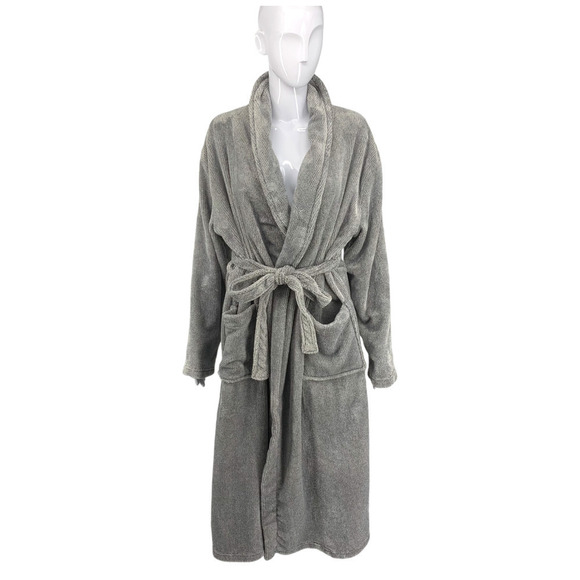 Pajamamania Sz XL Gray Fluffy Kimono Style Robe Bathrobe Belted Pockets - Picture 2 of 7